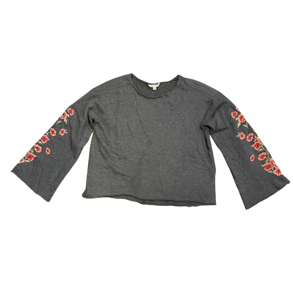 American Eagle Outfitters Red Floral Embroidered Bell Long Sleeve Sweatshirt Top